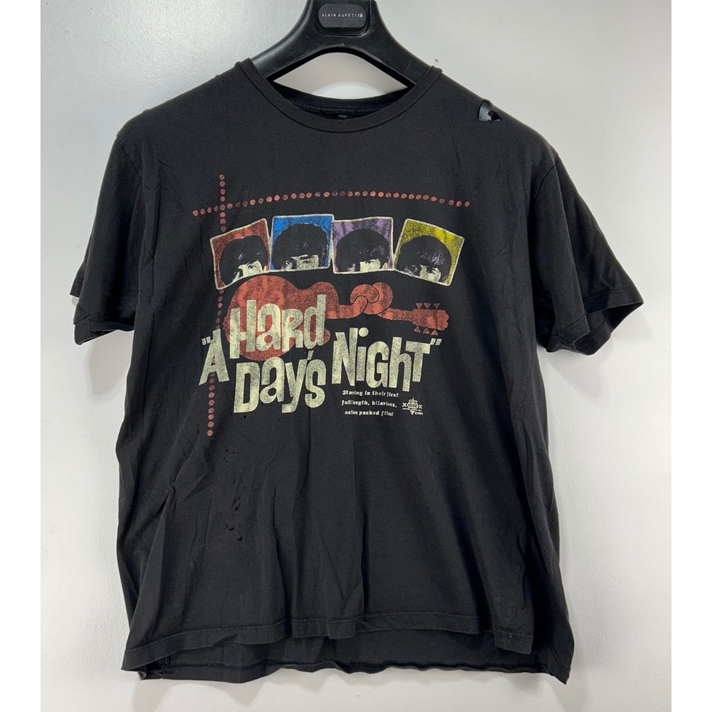 The Beatles A Hard Days Night Graphic T-Shirt Black Distressed Rock Band Tee L